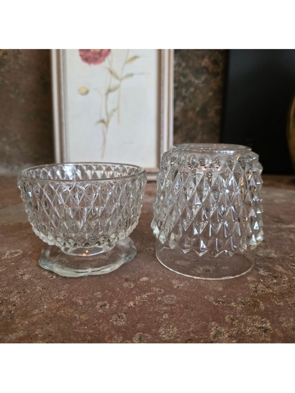 Vintage Clear Indiana Glass Fairy Lamp Diamond Point Votive Candle Holder 2pc - Picture 3 of 3